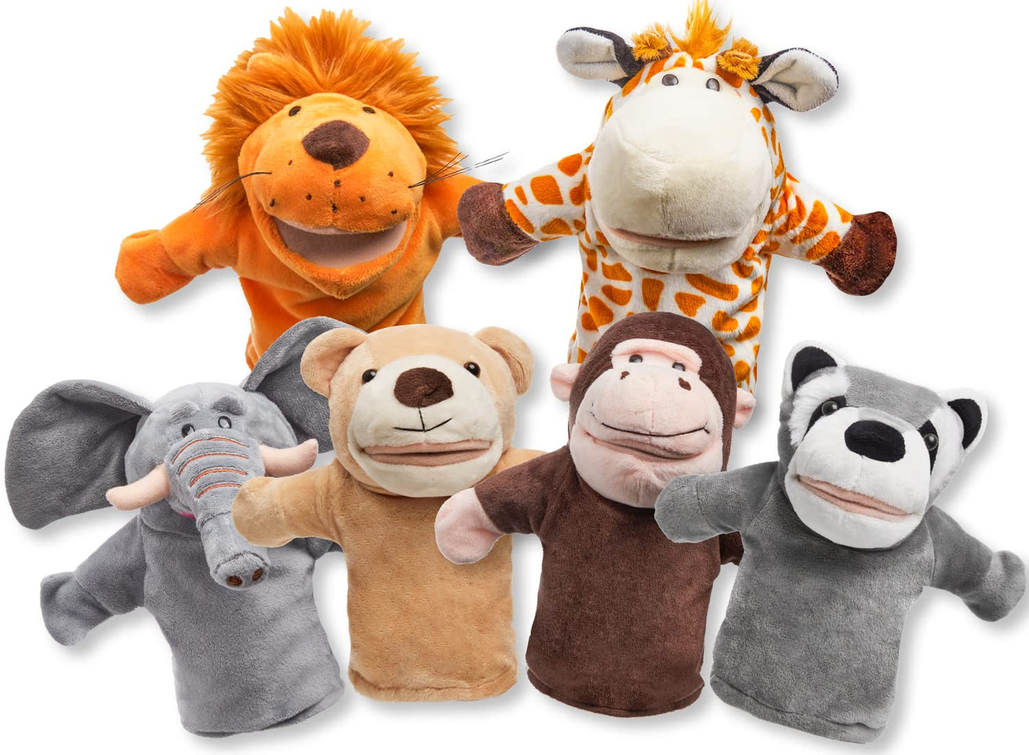 JOYIN 6Pcs Animal Hand Puppet Set with Moving Mouths – Elephant, Giraffe, Lion, Bear, Raccoon & Monkey Plush Toys for Kids Age 3+