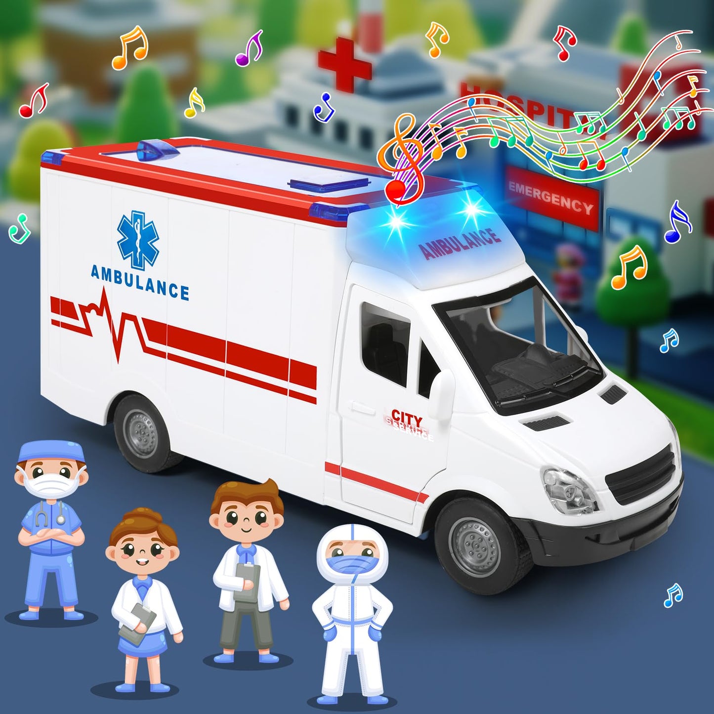 Friction-Powered Toy Ambulance for Kids 3-5, 4 Flashing Lights & Sound, Opening Doors, Hospital Playset Birthday Gift for Boys & Girls