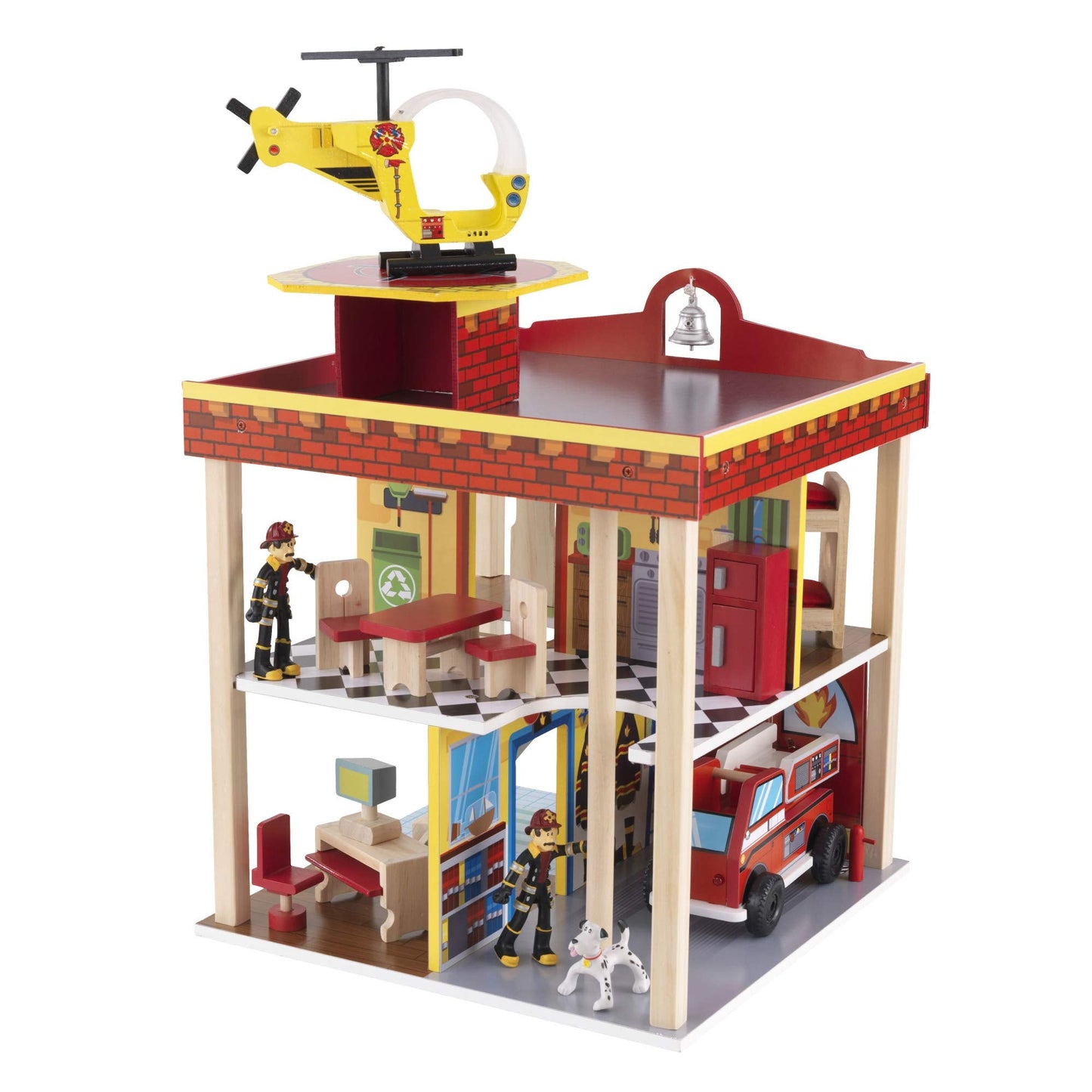 KidKraft Wooden Fire Station Set with 15 Accessories Including Helicopter, Bendable Figures and Dalmatian Dog