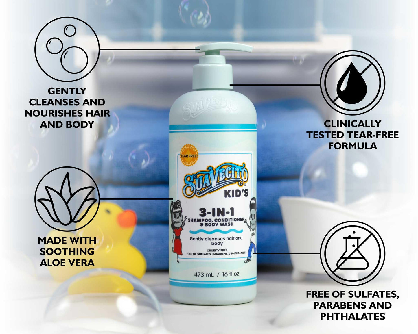 Suavecito Kids 3-in-1 Shampoo, Conditioner & Body Wash, Milk & Honey Scent, 16oz Pump – Tear-Free, Sulfate, Paraben & Phthalate-Free, Cruelty-Free