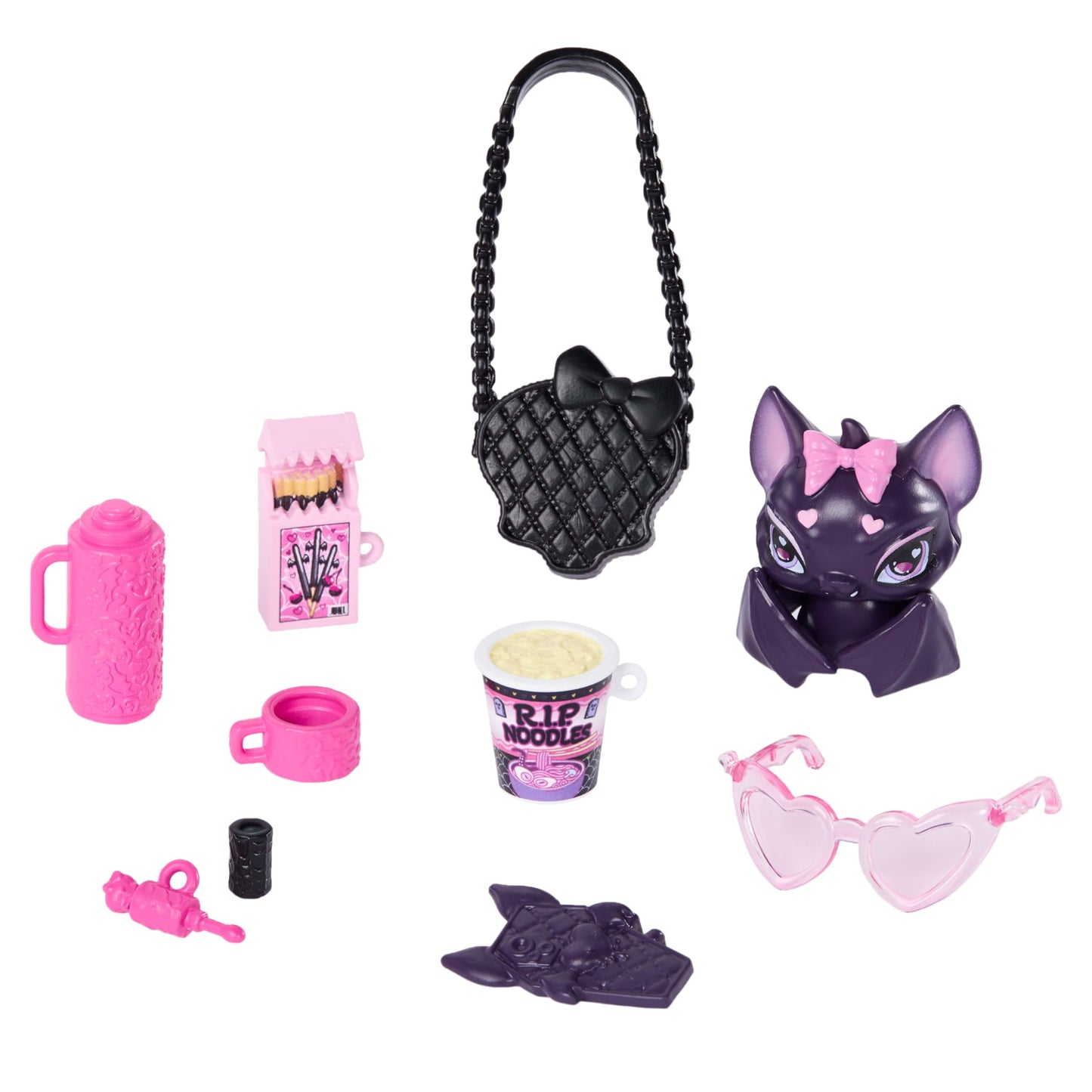 Monster High Doll, Draculaura in Pink Bow Dress and Black Cardigan with Pet Bat Count Fabulous and 7 Accessories Like Ramen, Lipstick and Purse