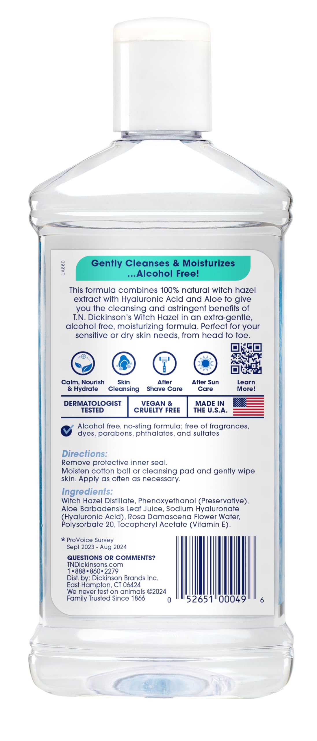 T.N. Dickinson's Alcohol-Free Witch Hazel Astringent – 100% Natural, Hydrates & Soothes Face & Body, 16 Fl Oz