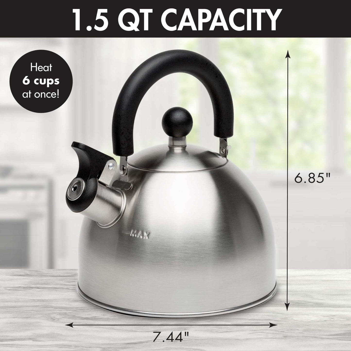 Primula Stewart 1.5-Qt Whistling Tea Kettle – Food-Grade Stainless Steel, Fast Boil, Cool-Touch Folding Handle, Brushed Finish with Black Handle