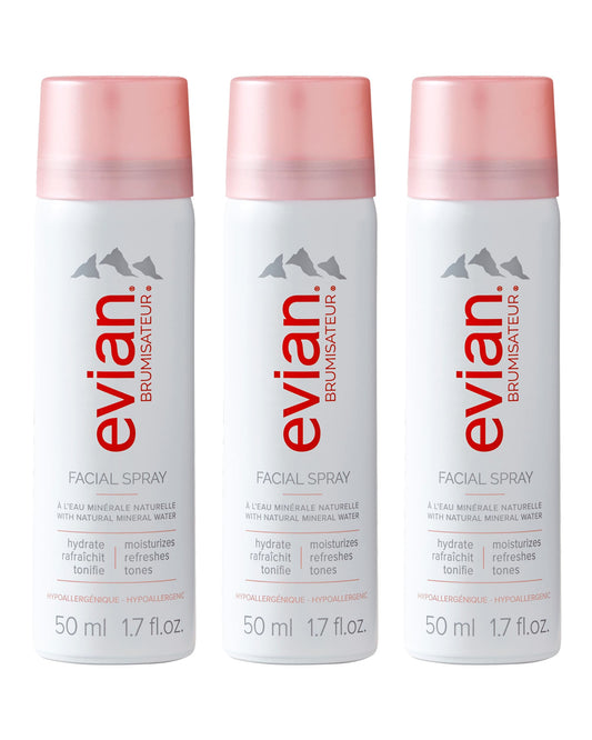 Evian Facial Spray Travel Trio 1.7 oz – Hydrating Mineral Water Mist for Face & Skin, Refreshes Makeup, TSA-Approved Mini Spray