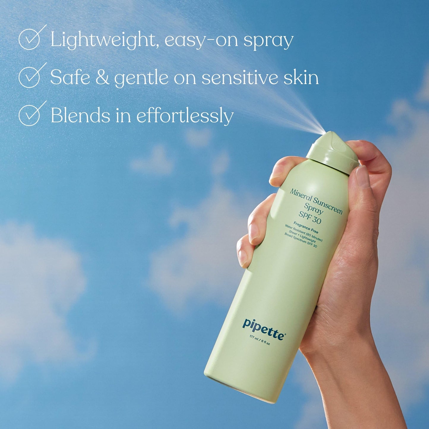 Pipette Baby Mineral Sunscreen Spray SPF 30 - Broad Spectrum, Non-Nano Zinc, Water Resistant, Gentle UV Protection for Kids & Sensitive Skin, 6 oz