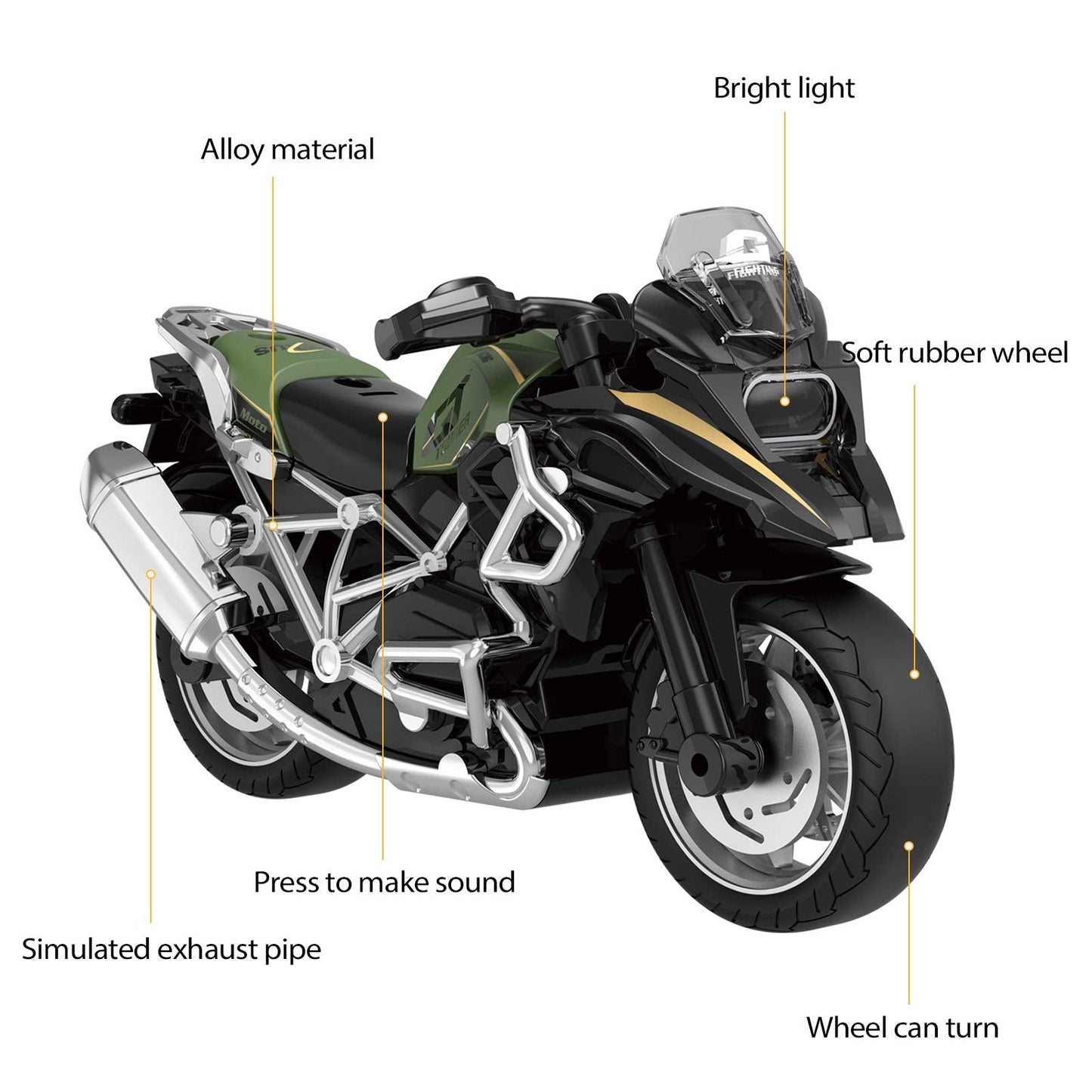 Diecast Motorcycle Toy - Pull Back Toy Cars with Sound and Light Toy,Motorcycle Toys for Boys,Toys for 3-9 Year Old Boys (White)