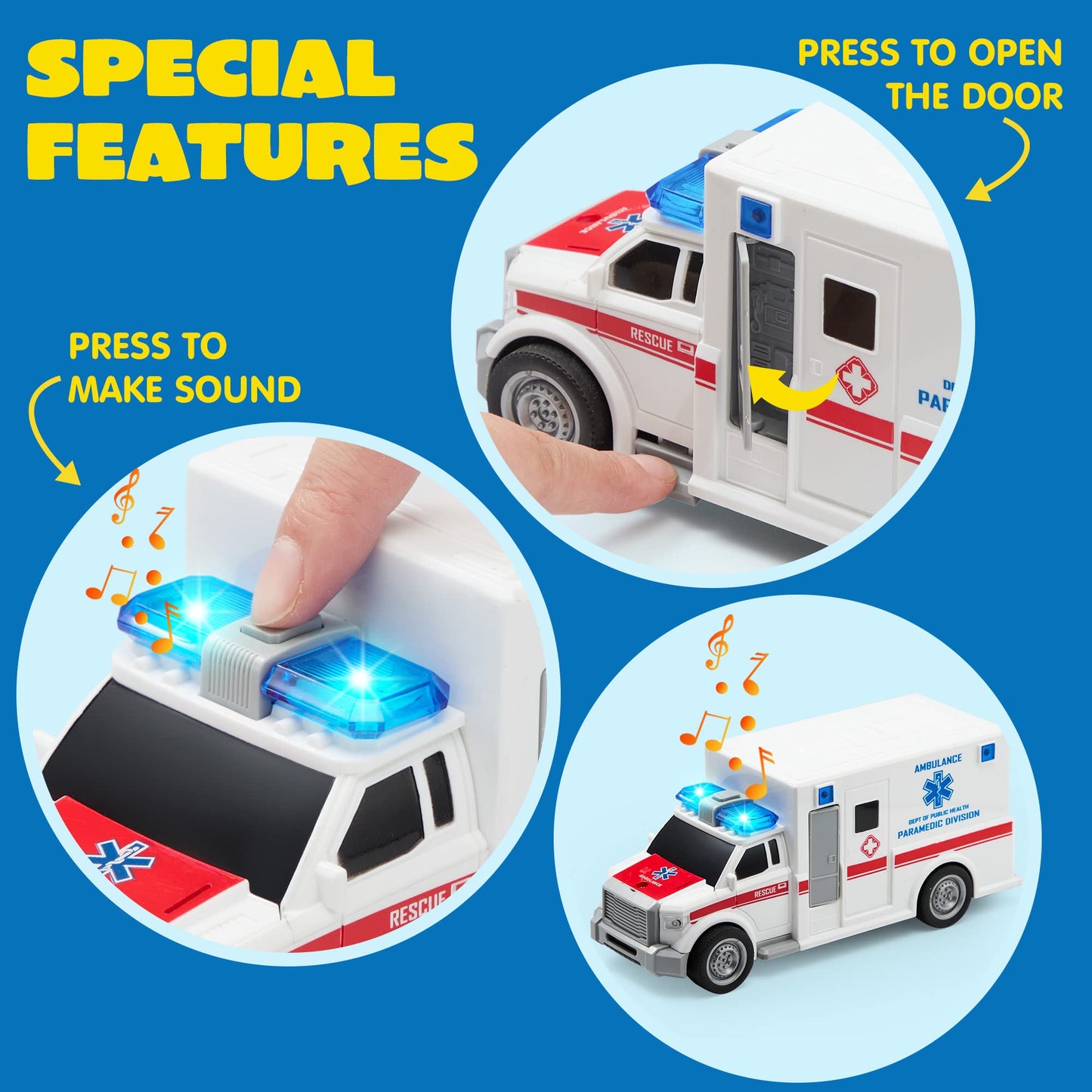 JOYIN 4-Pack Emergency Vehicle Toys, Friction Powered Fire Truck, Ambulance, Police Car & Helicopter with Lights & Sounds, Kids Gift
