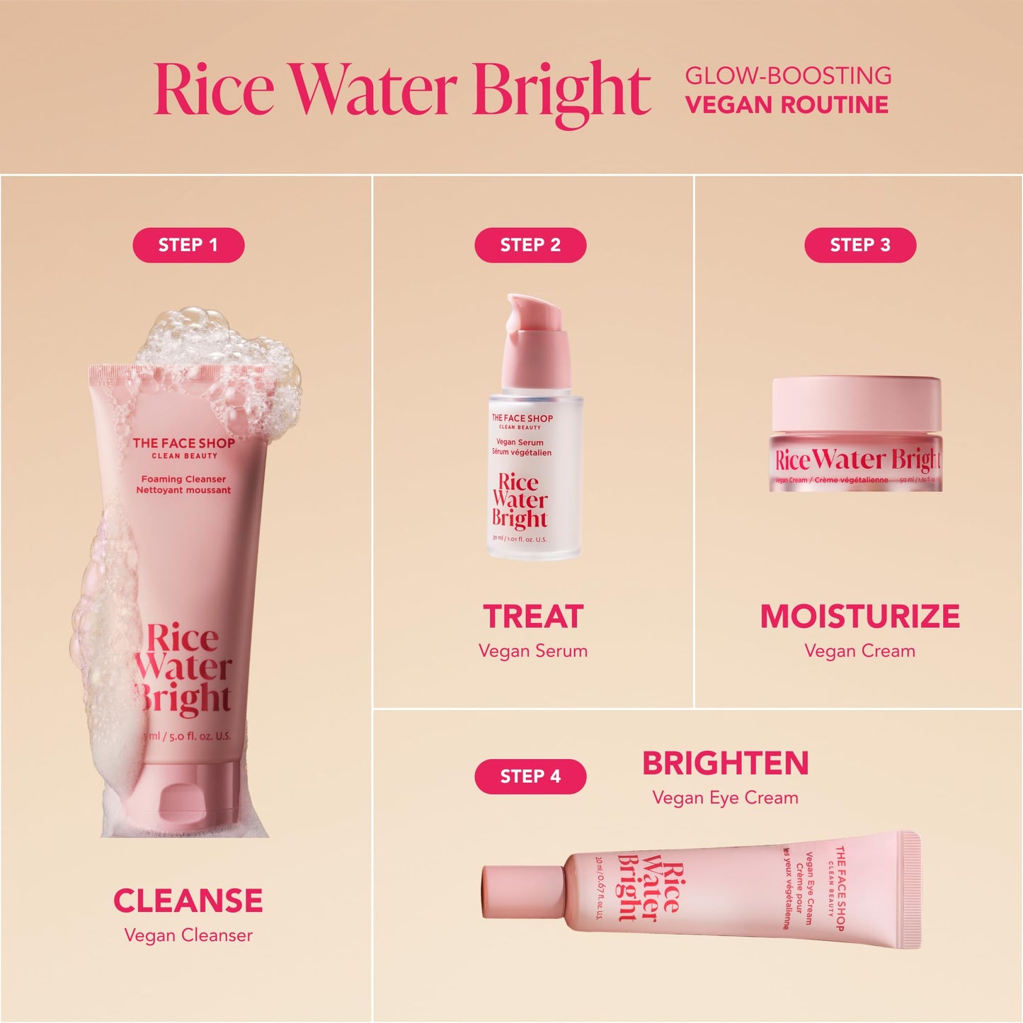 The Face Shop Rice Water Bright Travel Kit – Korean Skincare Gift Set with Vegan Serum, Cream, Eye Cream & Hydrating Face Wash