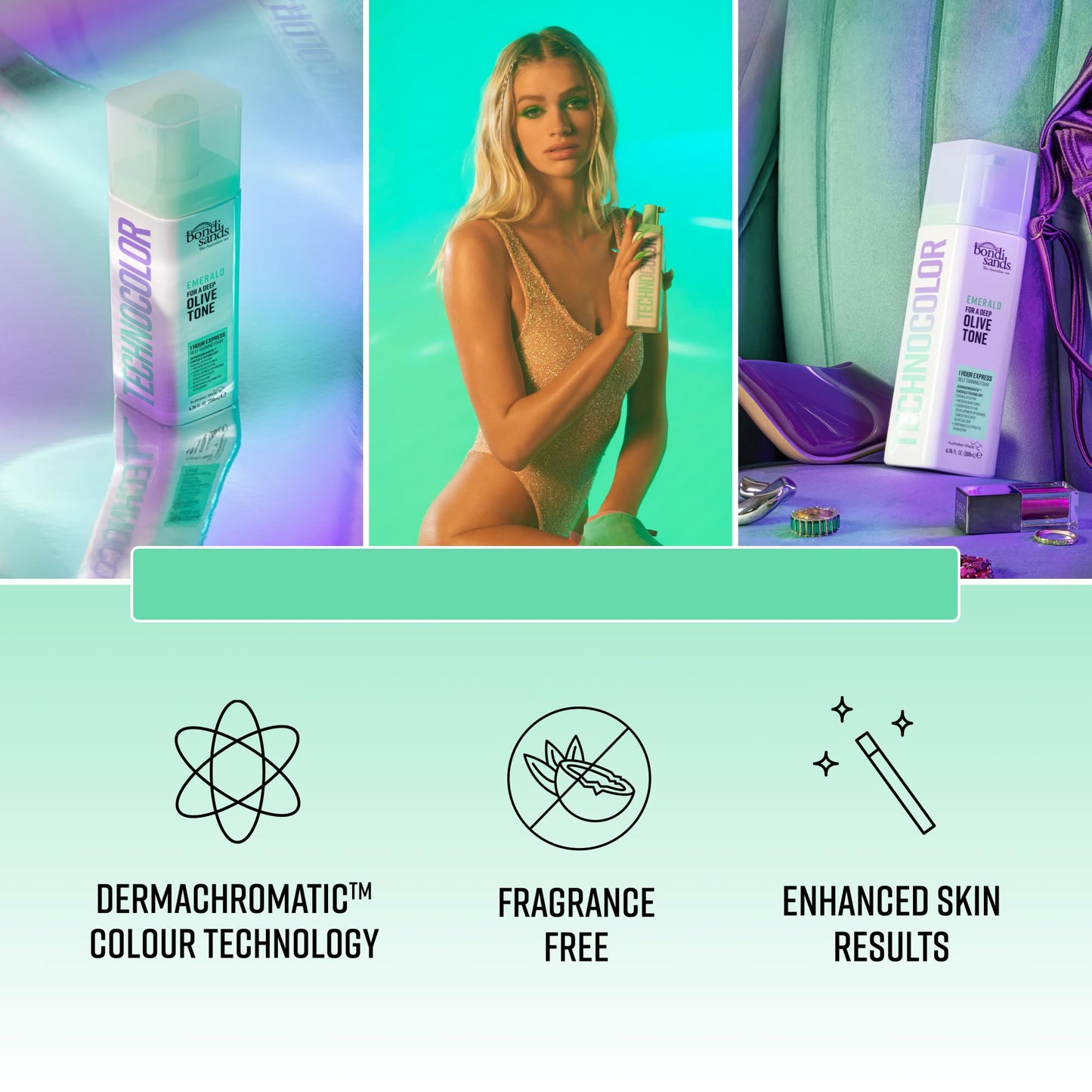 Bondi Sands Technocolor Emerald 1 Hour Express Self Tanning Foam|Best for Medium Skin Tones Looking to Achieve a Deep, Olive Toned Tan|6.76 fl. oz.