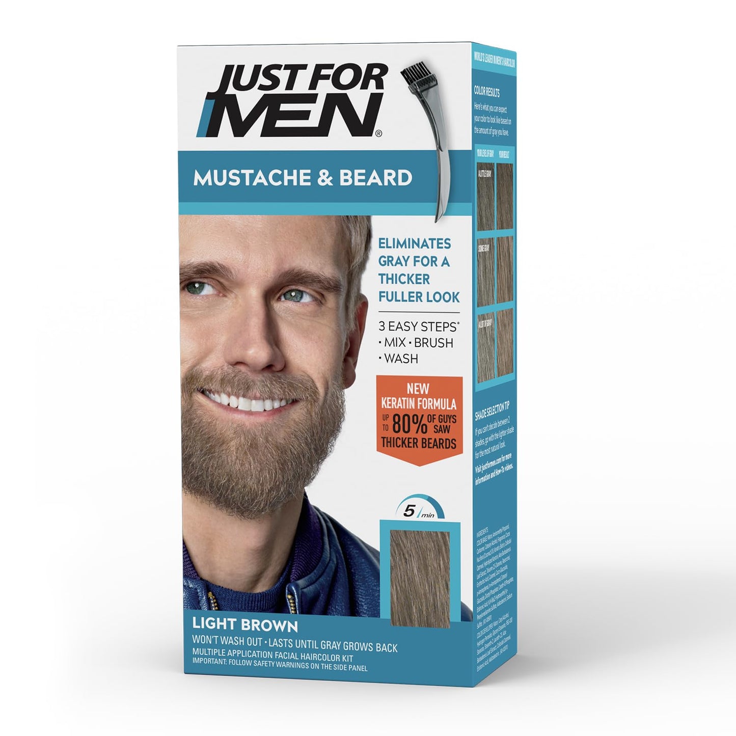 Just For Men Mustache & Beard Dye Light Brown M-25, with Brush, Keratin, Biotin, Aloe & Coconut Oil for Healthy Facial Hair, 1 Pack