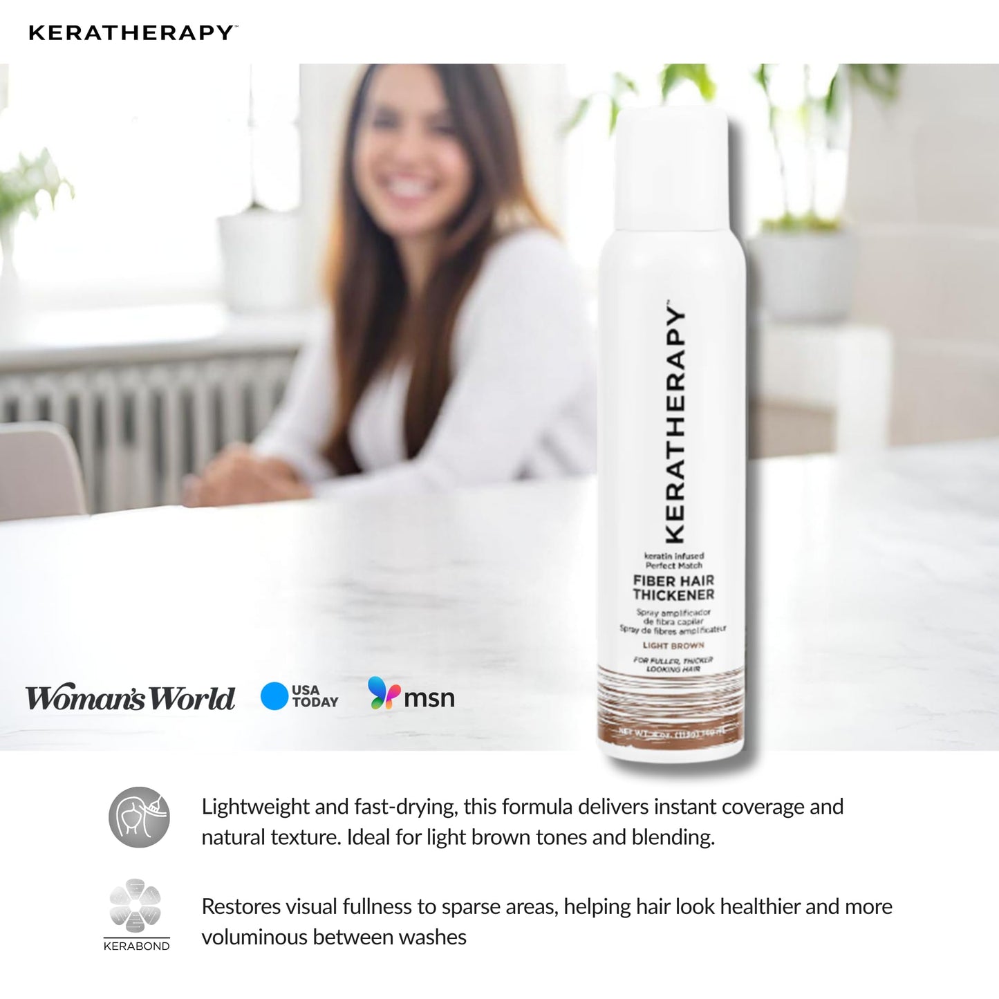 Keratherapy Keratin Infused Perfect Match Fiber Hair Thickener Spray, Light Brown, 4 fl oz – Volumizing, Concealing & Thickening Spray for Thinning Hair