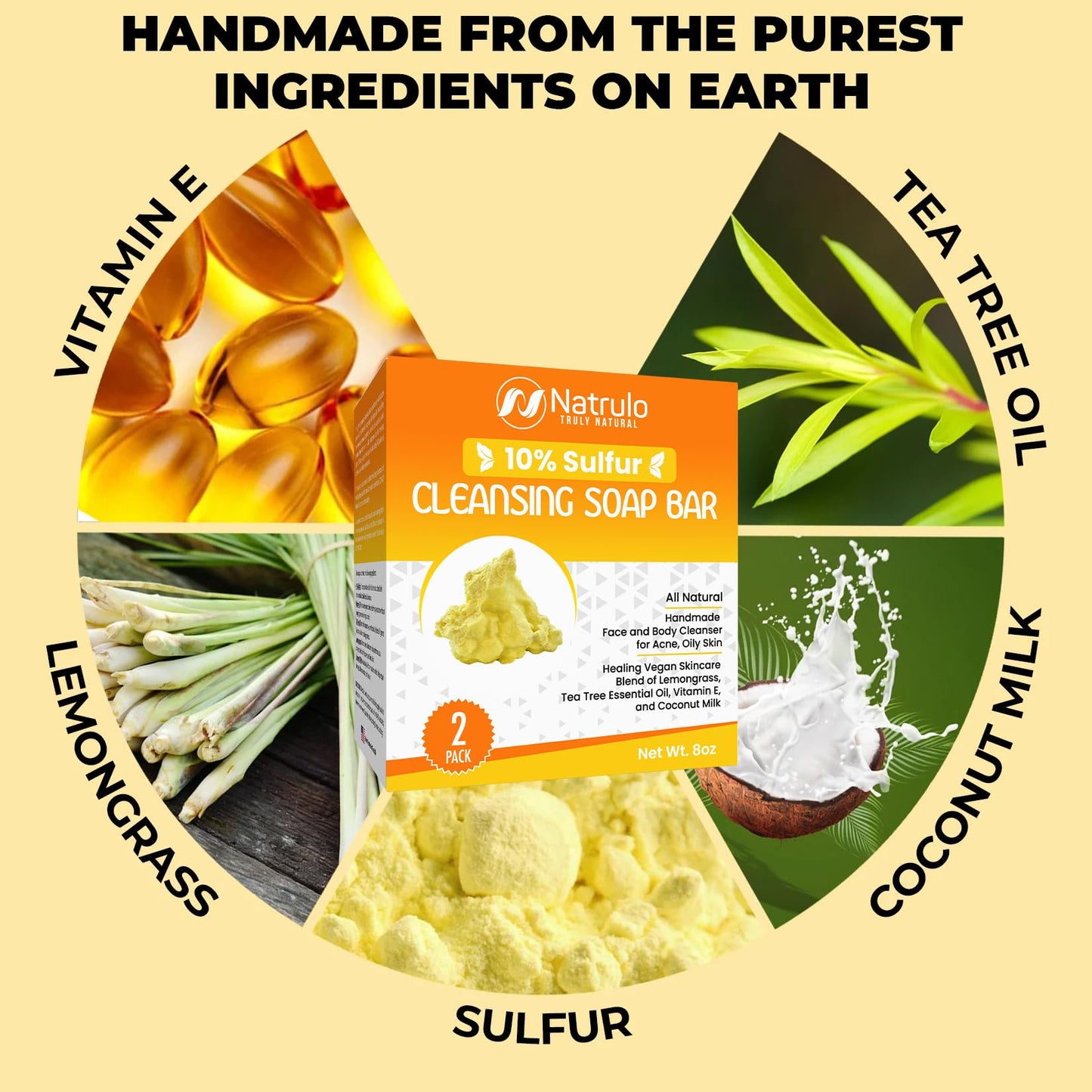 10% Sulfur Soap Bar for Face & Body – Natural Acne & Oily Skin Cleanser with Tea Tree, Lemongrass, Vitamin E & Coconut Milk – USA Made
