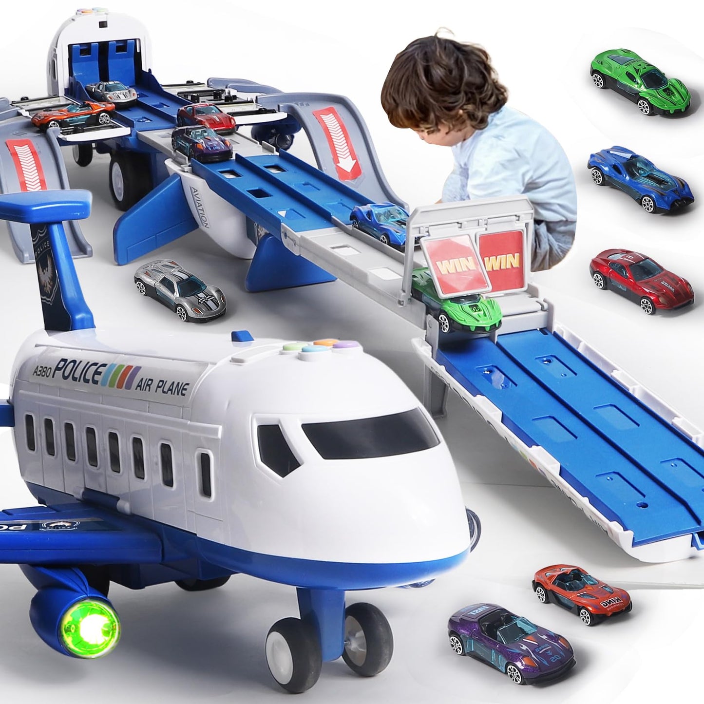 Airplane Toy Race Track Playset for Kids – Foldable 4-Layer Transport Plane with 6 Cars, Toddler Car Ramp Toy for Boys & Girls Ages 3-6, Birthday Gift