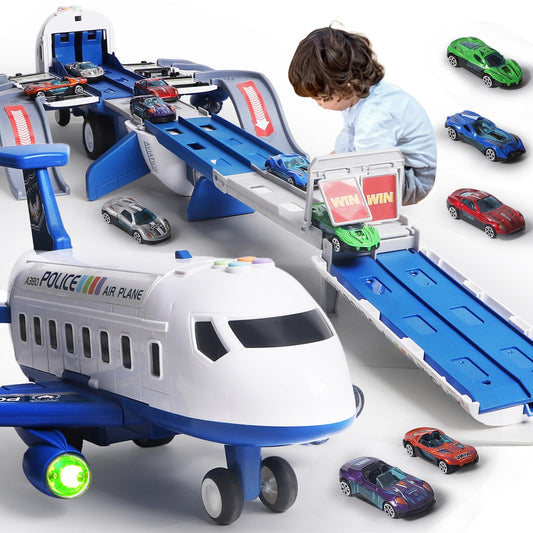 Airplane Toy Race Track Playset for Kids – Foldable 4-Layer Transport Plane with 6 Cars, Toddler Car Ramp Toy for Boys & Girls Ages 3-6, Birthday Gift