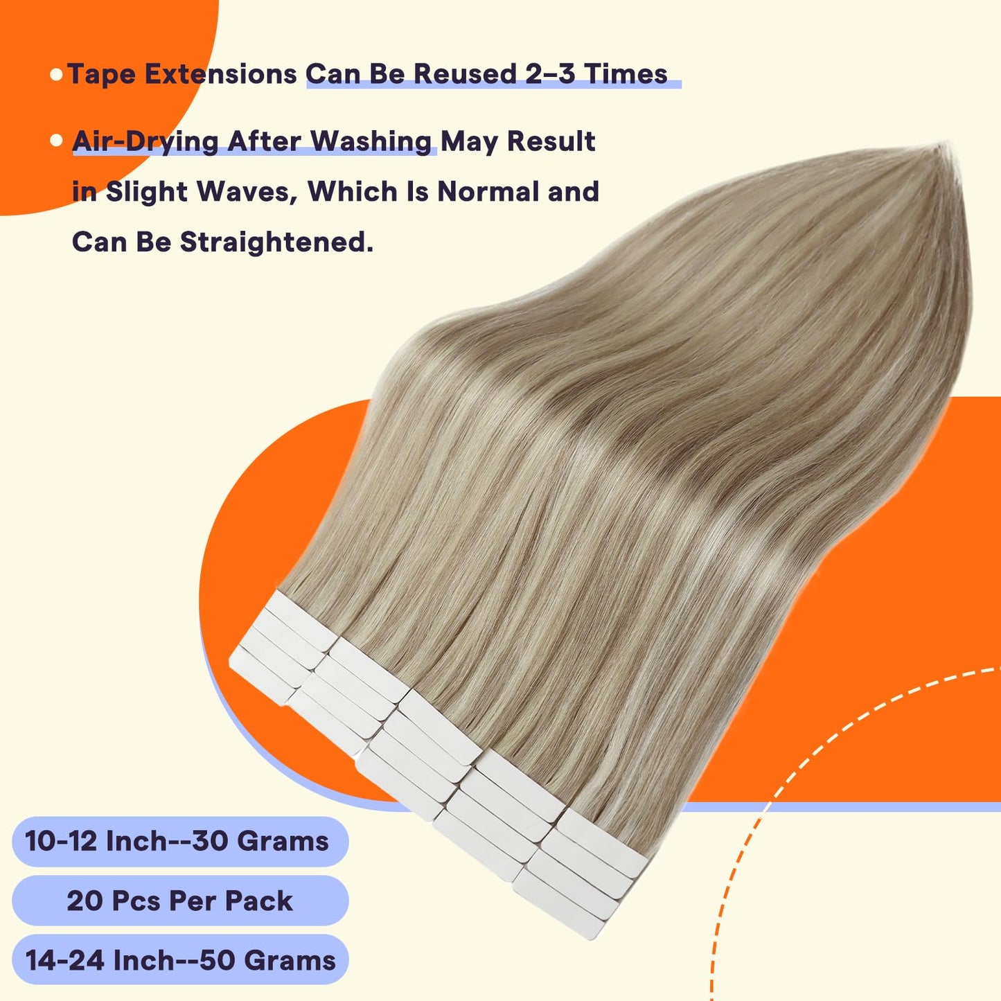 Full Shine 18" Tape in Hair Extensions Human Hair – Remy Invisible Seamless Extensions, Color 18/613 Ash Blonde & Platinum Blonde, 20pcs 50g