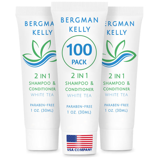 BERGMAN KELLY Travel Size 2-in-1 Shampoo & Conditioner, White Tea Scent – 1 fl oz, 100 Pack – Refreshing Hotel Toiletries & Guest Amenities