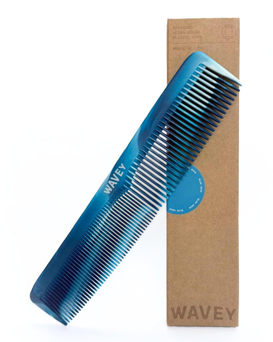 WAVEY 7" Hair Comb for Men & Women - Wide & Fine Tooth Comb for Thick, Thin, Curly, Straight Hair - Recycled Ocean Plastic, Travel-Friendly, Blue