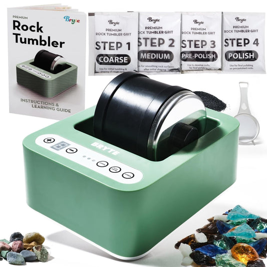 BRYTE Rock Tumbler & Polisher, Medium Mint Green, 3-Speed, 9-Day Timer, Quiet Motor – Sea Glass & Indoor Tumbling Kit, Ages 8+