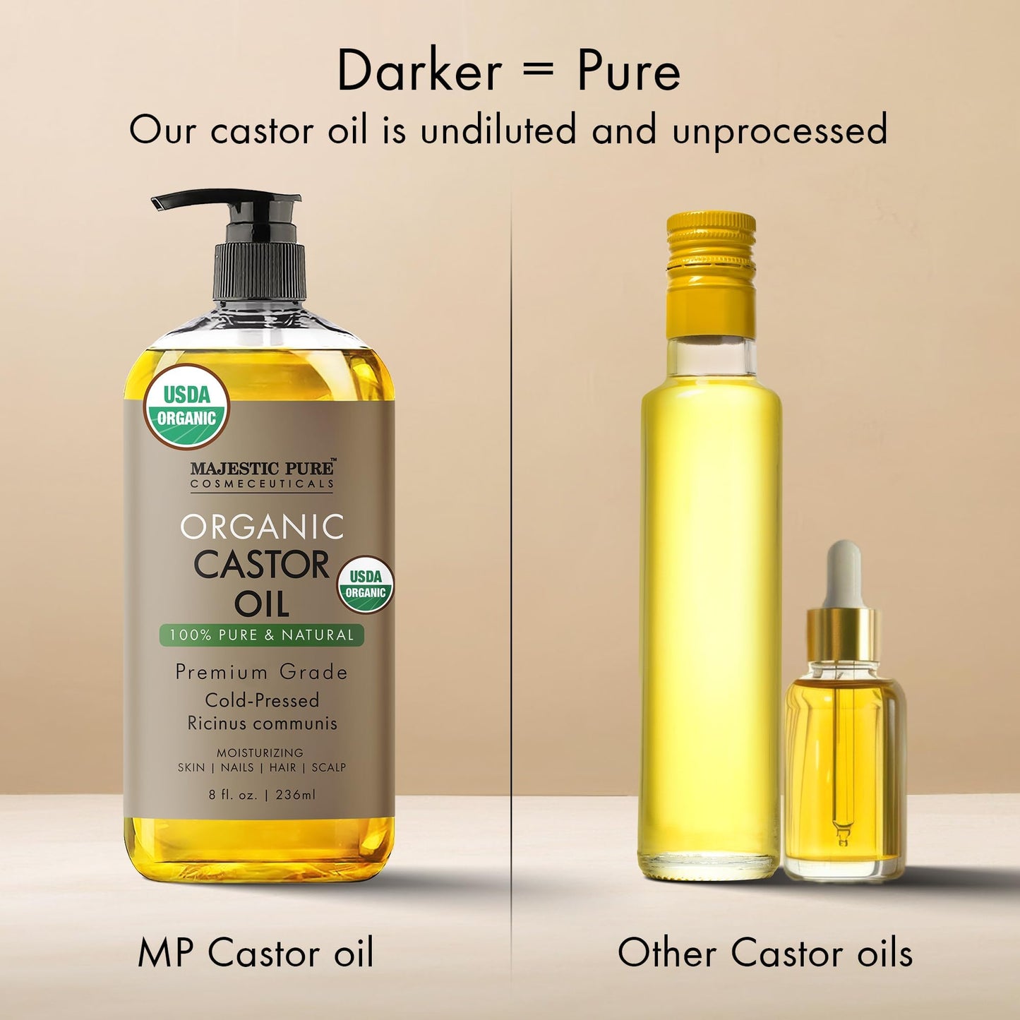 Majestic Pure Organic Castor Oil – 100% Pure, Cold Pressed & Hexane Free – USDA Certified, Moisturizes Hair, Lashes, Brows & Nails, 8 Fl Oz