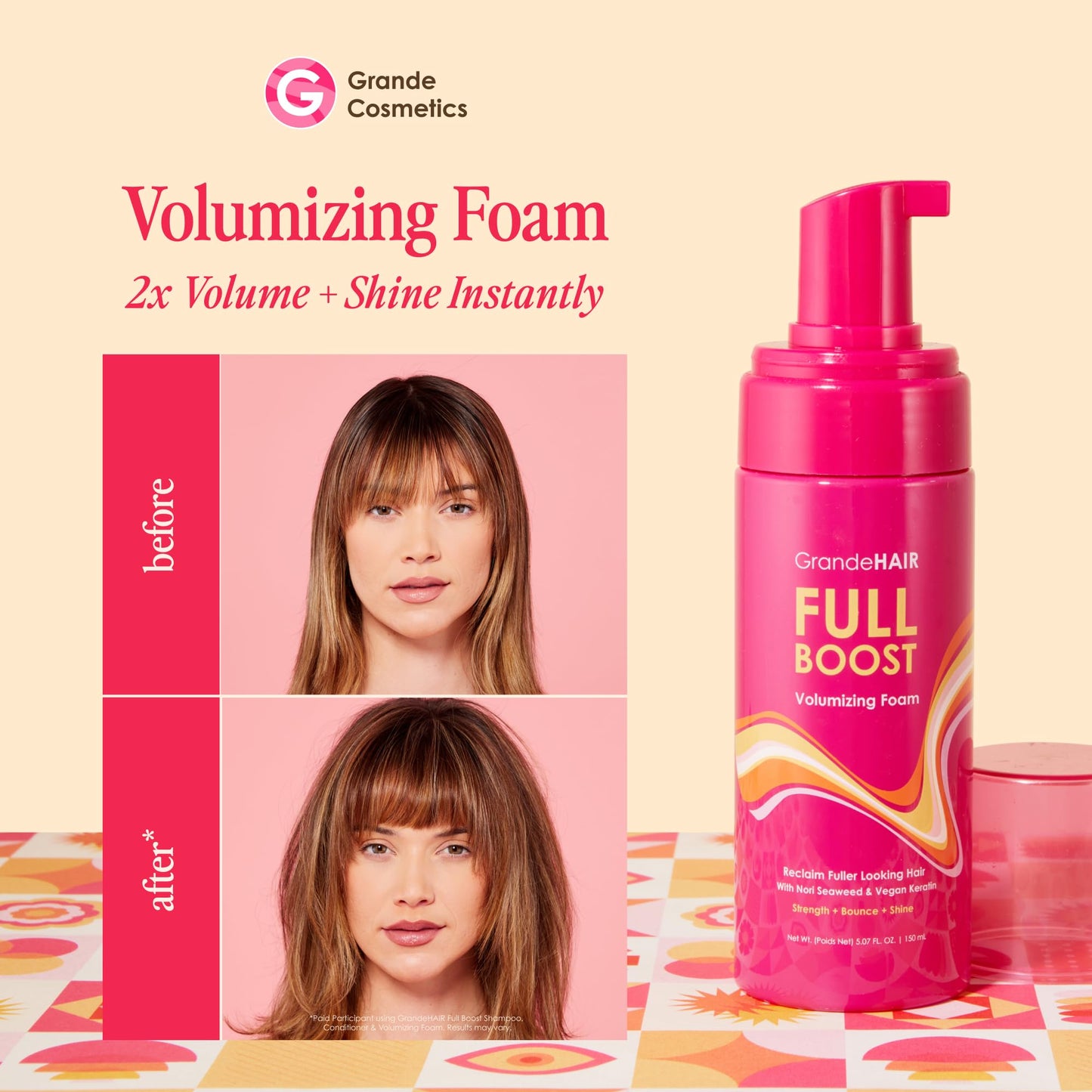 Grande Cosmetics GrandeHAIR Volumizing Foam – Instant Volume & Fuller-Looking Hair, Defines Curls, Non-Sticky Mousse, Travel Size 1.5 oz