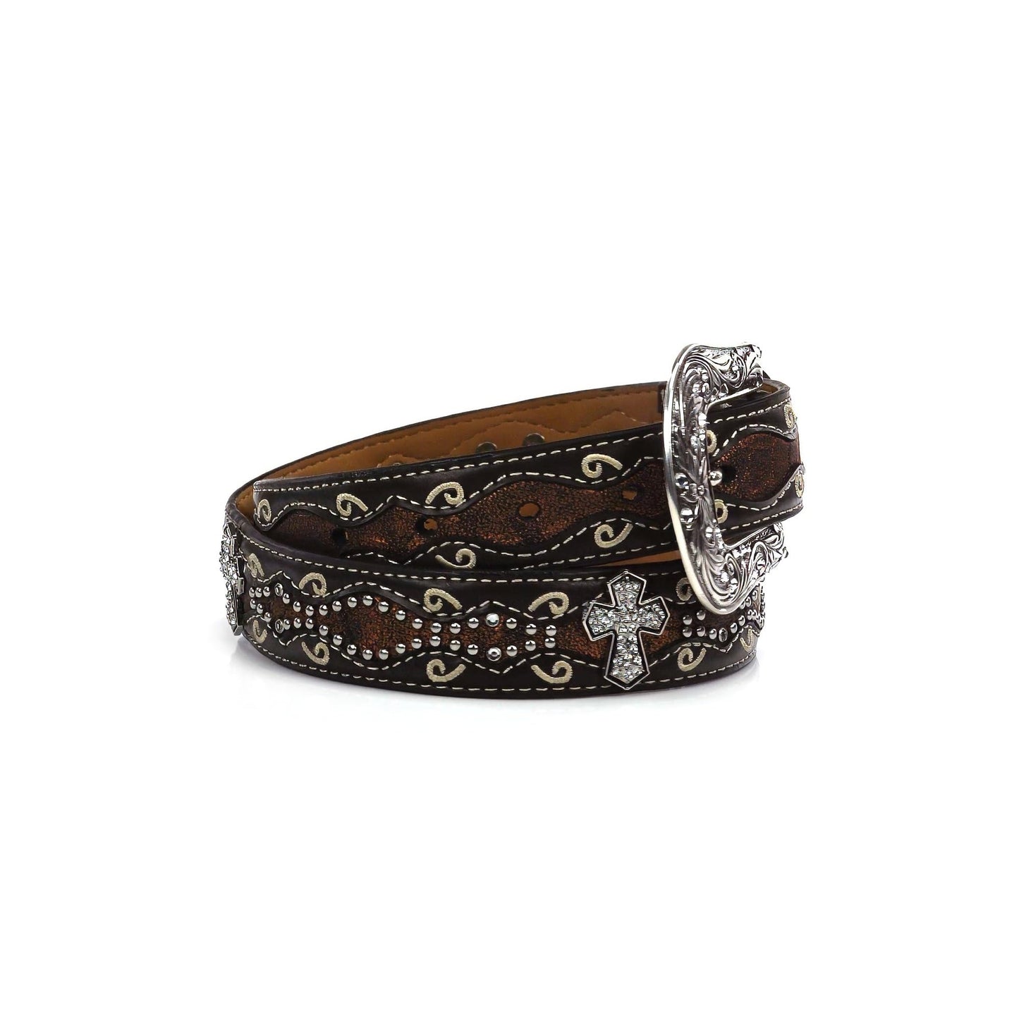 ARIAT Youth Girls Rhinestone Cross Conchos Faux Crocodile Belt, Brown, 24