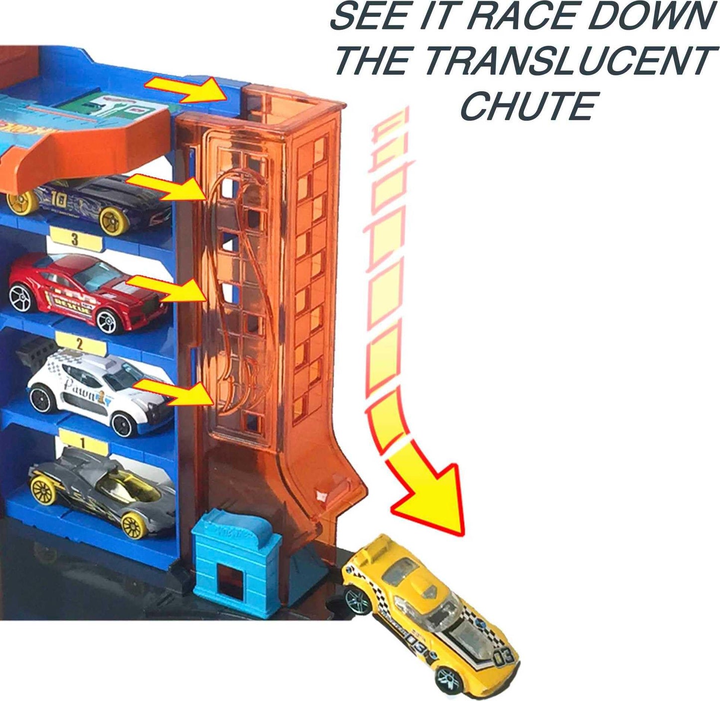 Hot Wheels City Toy Car Track Set, Downtown Car Park Playset with 1:64 Scale Vehicle, 4 Levels, Working Lift & Exit Chute