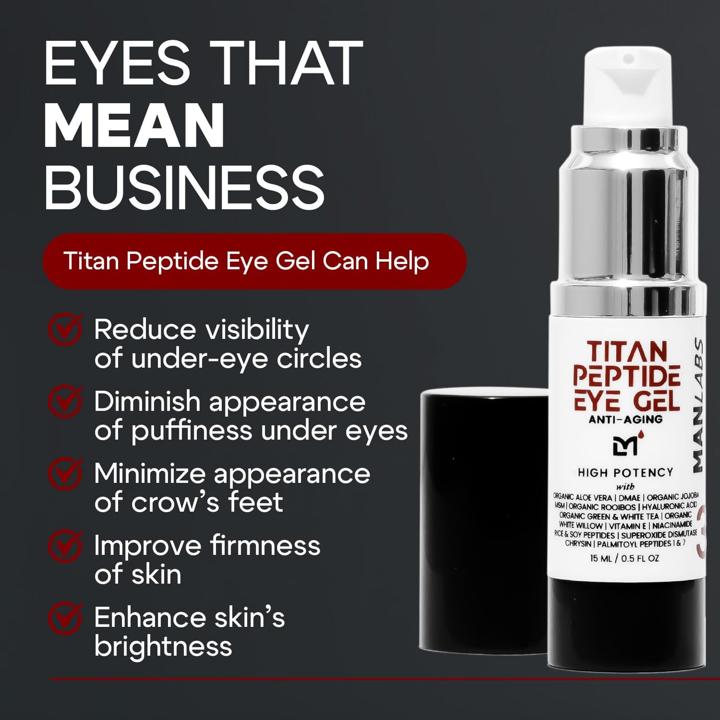 Man Labs Titan Peptide Cooling Eye Gel for Men – Anti-Aging, Dark Circles, Puffiness – Peptides, HA, DMAE, MSM, Unscented