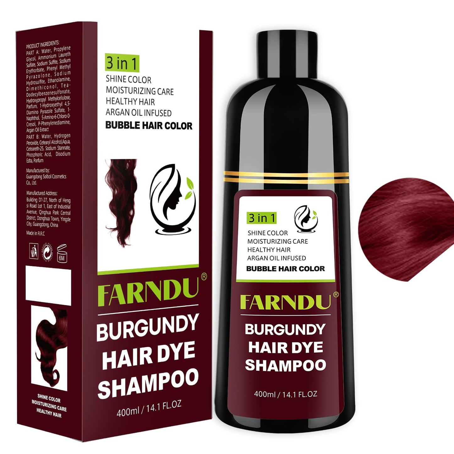 Farndu Red Burgundy Hair Dye Shampoo for Women Men, Hair Color Shampoo Natural Ingredients