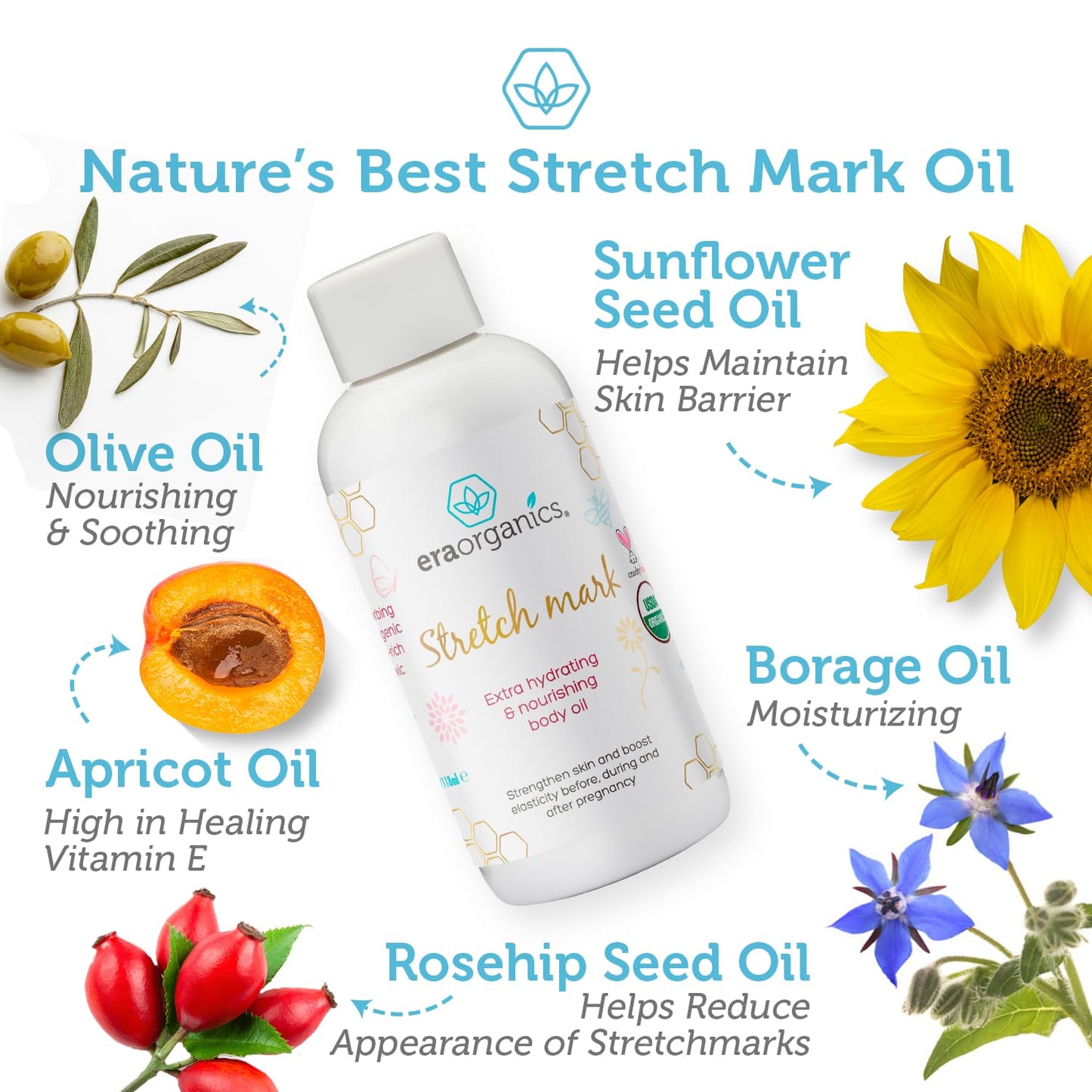 Era Organics Organic Stretch Mark Oil for Pregnancy – Moisturizing Belly Oil to Prevent Stretch Marks, Pregnancy Skincare Must-Have