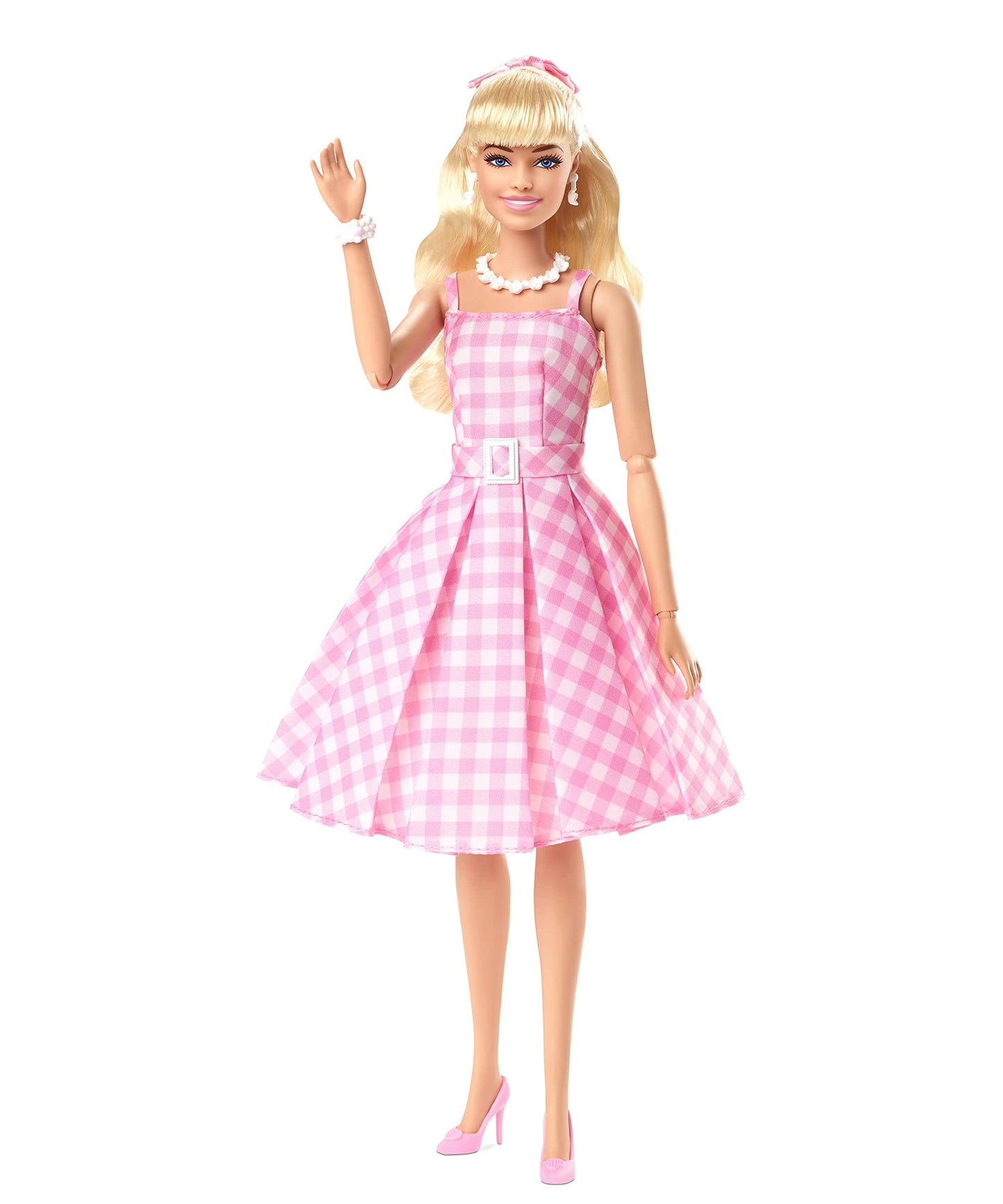 Barbie The Movie Doll, Margot Robbie as, Collectible Doll Wearing Pink and White Gingham Dress with Daisy Chain Necklace