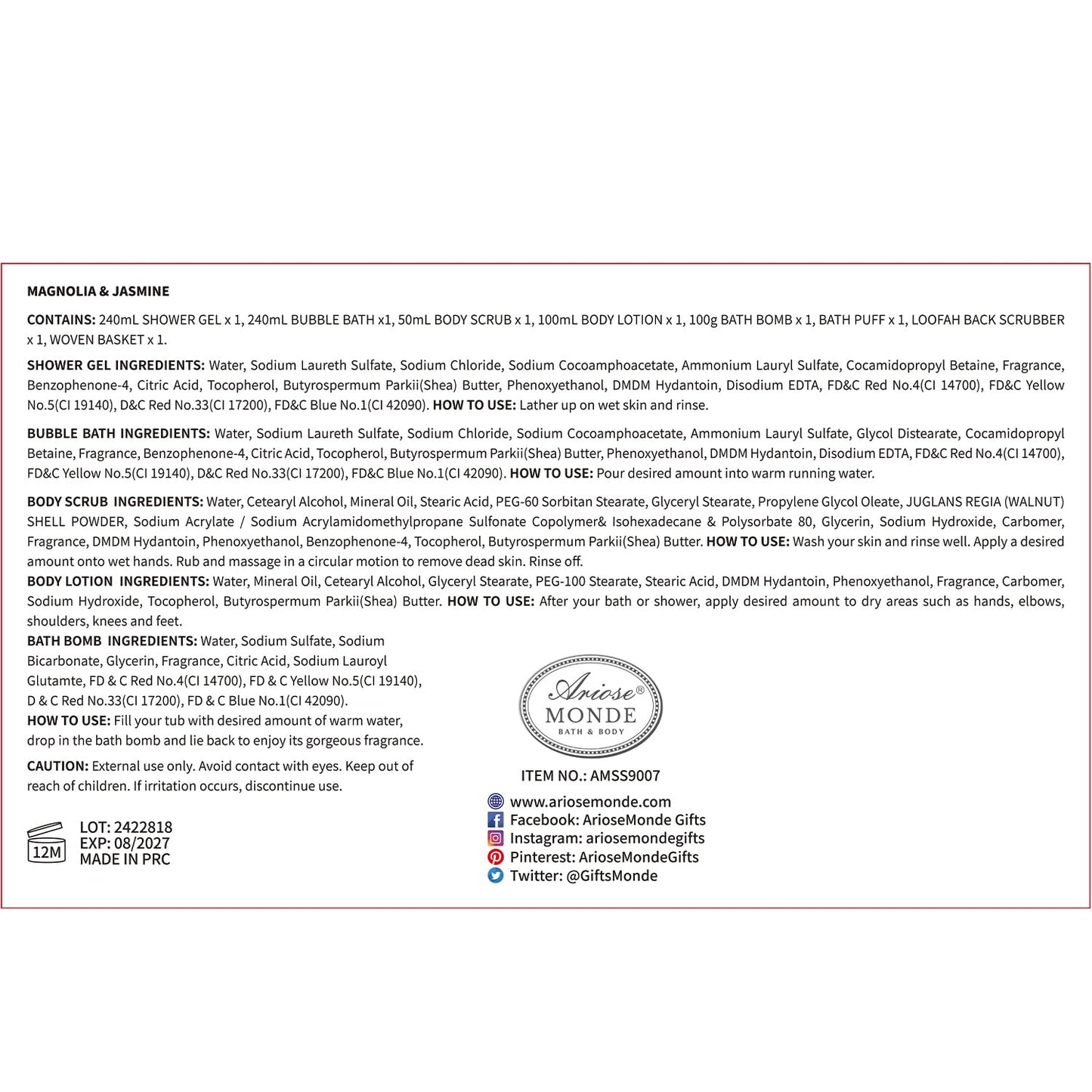 Home Spa Gift Basket for Women – Bath Set with Lotion, Shower Gel, Bubble Bath, Scrub, Bath Salt & Bombs, Magnolia & Jasmine Scent