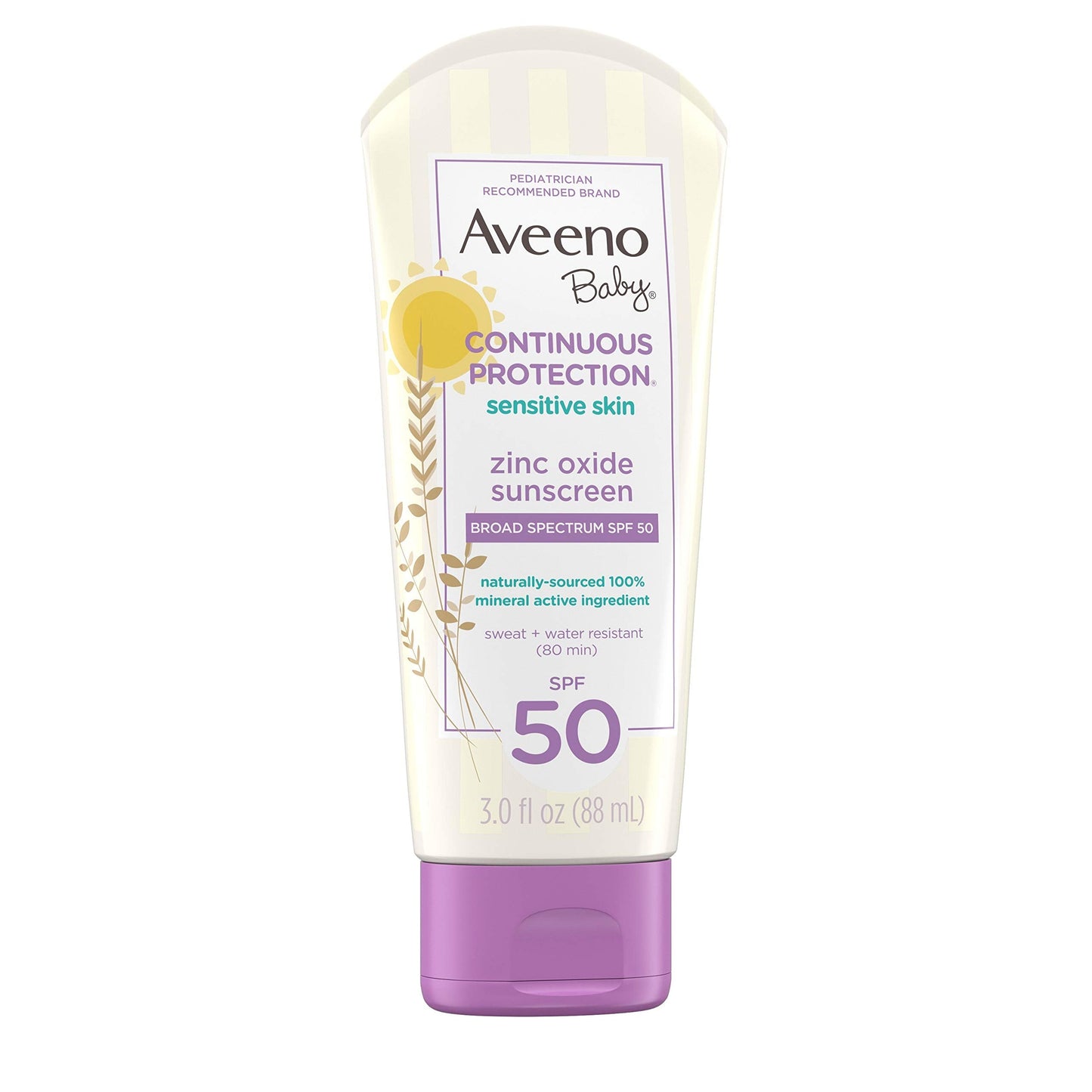 Aveeno Baby Zinc Oxide Mineral Sunscreen Lotion SPF 50 – Sensitive Skin, Tear-Free, Water & Sweat Resistant, Travel Size 3 fl oz