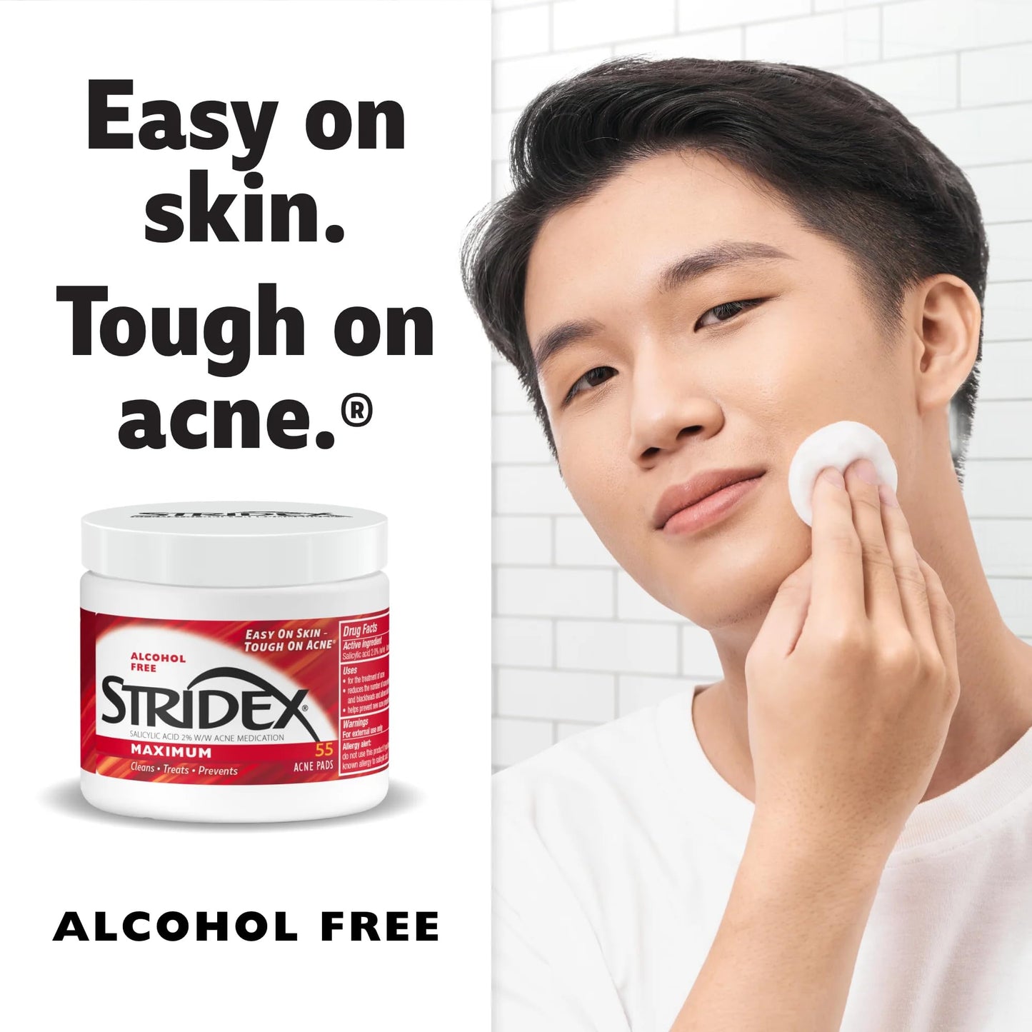 Stridex Medicated Acne Pads, Maximum, 55 Count – Facial Cleansing Wipes, Alcohol Free, Acne Treatment for Face, For Moderate Acne, Smooth Application