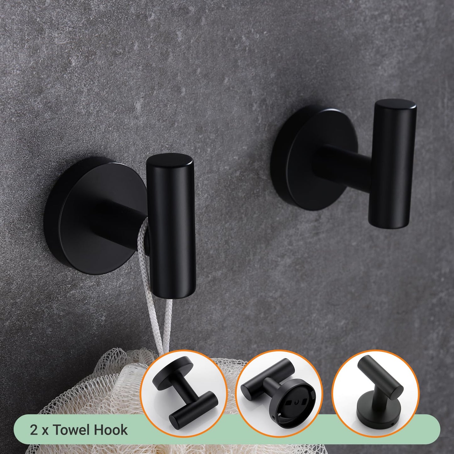 Hoooh Matte Black 4-Piece Bathroom Set, Stainless Steel Wall Mount with 24" Towel Bar, Toilet Paper Holder & 2 Robe Hooks, BS100S4B-BK