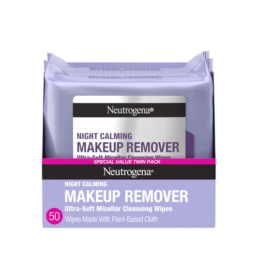Neutrogena Night Calming Makeup Remover Wipes - Hypoallergenic, 100% Plant-Based Cloth, Removes Makeup, Sweat & Dirt, 50 Count (2x25)