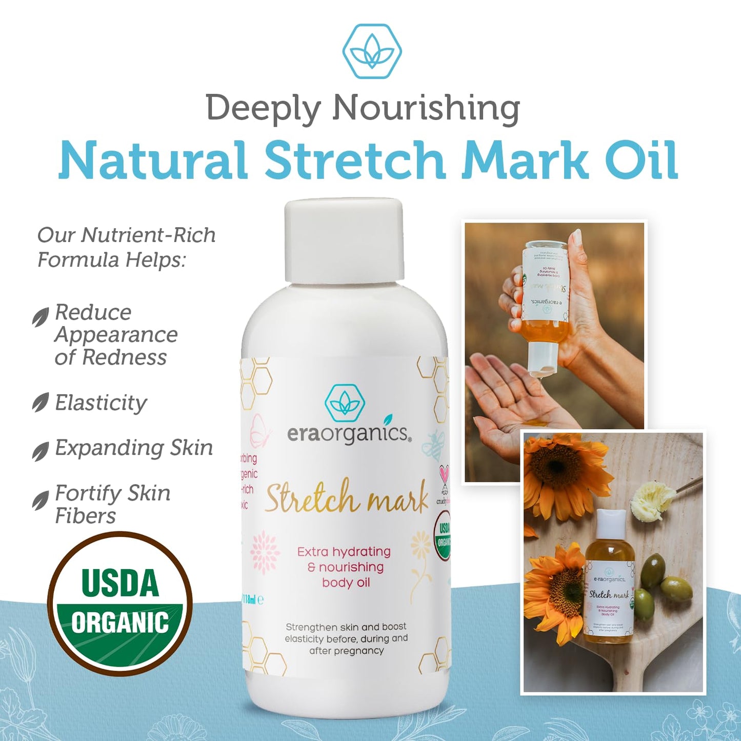 Era Organics Organic Stretch Mark Oil for Pregnancy – Moisturizing Belly Oil to Prevent Stretch Marks, Pregnancy Skincare Must-Have