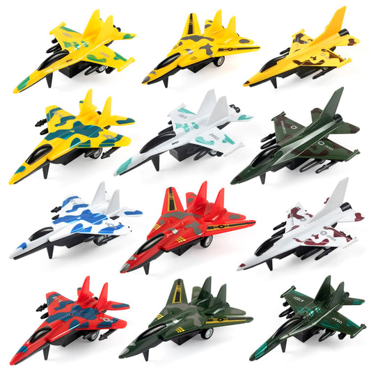 BOOJALOO 12-Pack Pull Back Airplane Toys | Fighter Jets Playset, Plane Party Favors & Kids Gifts for Boys 3+