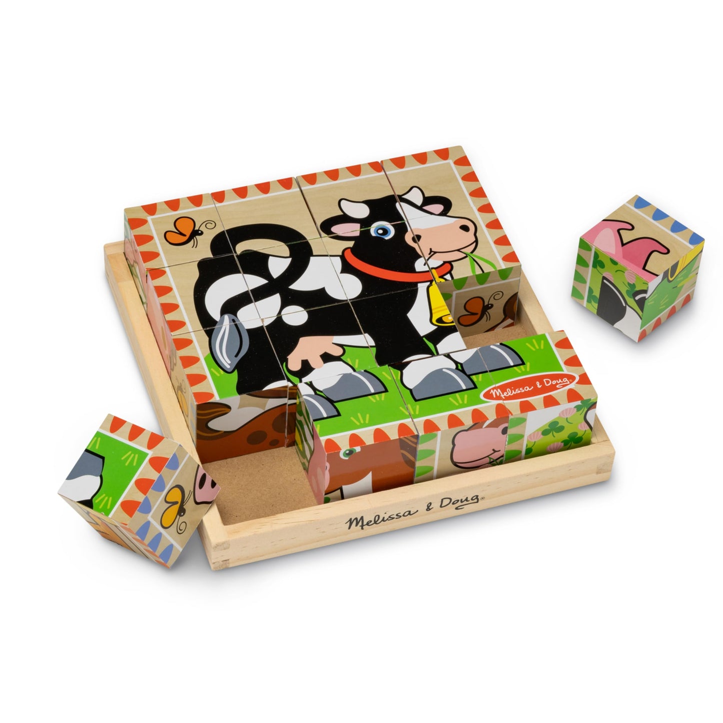 Melissa & Doug Farm Wooden Cube Puzzle with Storage Tray – 6-in-1 Animal Puzzle for Toddlers and Preschoolers – 16 Wooden Cubes – Farm Toy for Kids Ages 3+ - FSC Certified