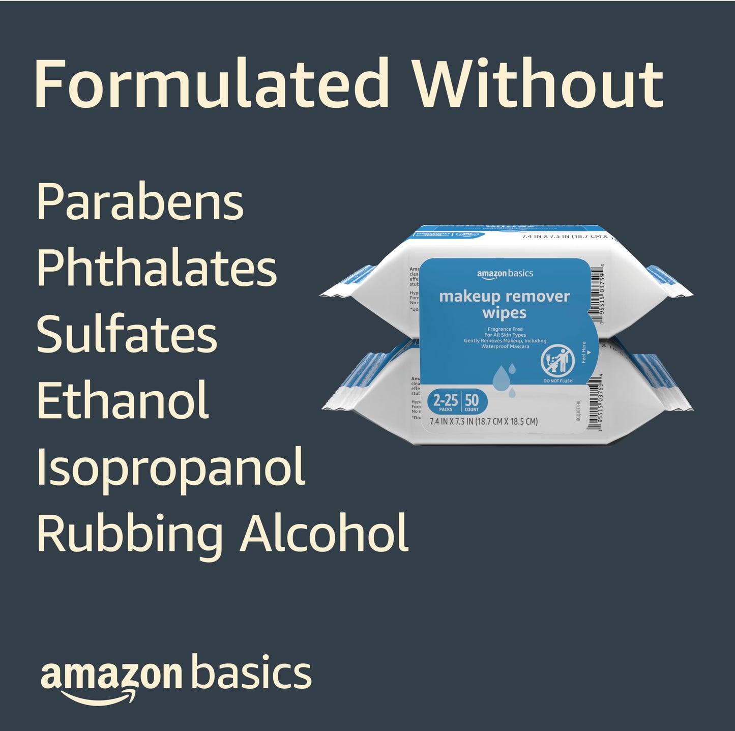 Amazon Basics Makeup Remover Wipes, Fragrance & Alcohol-Free, Gentle Cleansing, Removes Waterproof Mascara, 25 Count, 2-Pack