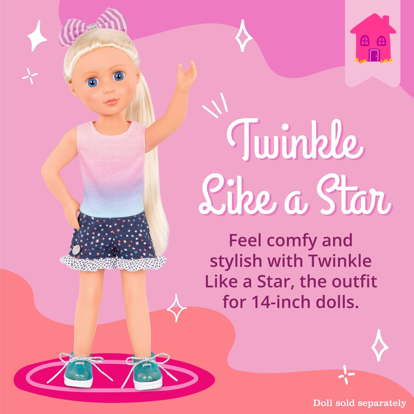 Glitter Girls 14" Doll Clothes 4-Piece Starry Outfit – Colorful Top, Polka Dot Shorts, Glitter Shoes & Hair Bow, 3+ Years