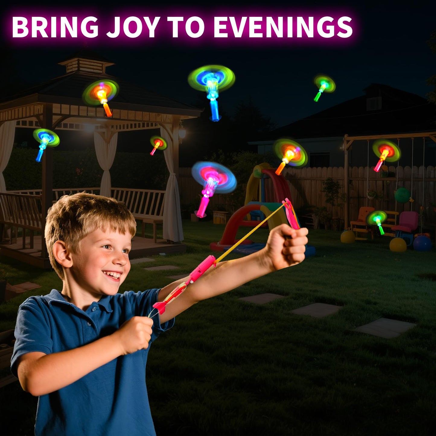 25-Pack LED Flying Toys Set with Whistle, Rocket Slingshot & Glow Arrow Helicopters – Glow-in-the-Dark Outdoor Toys for Kids 4-12