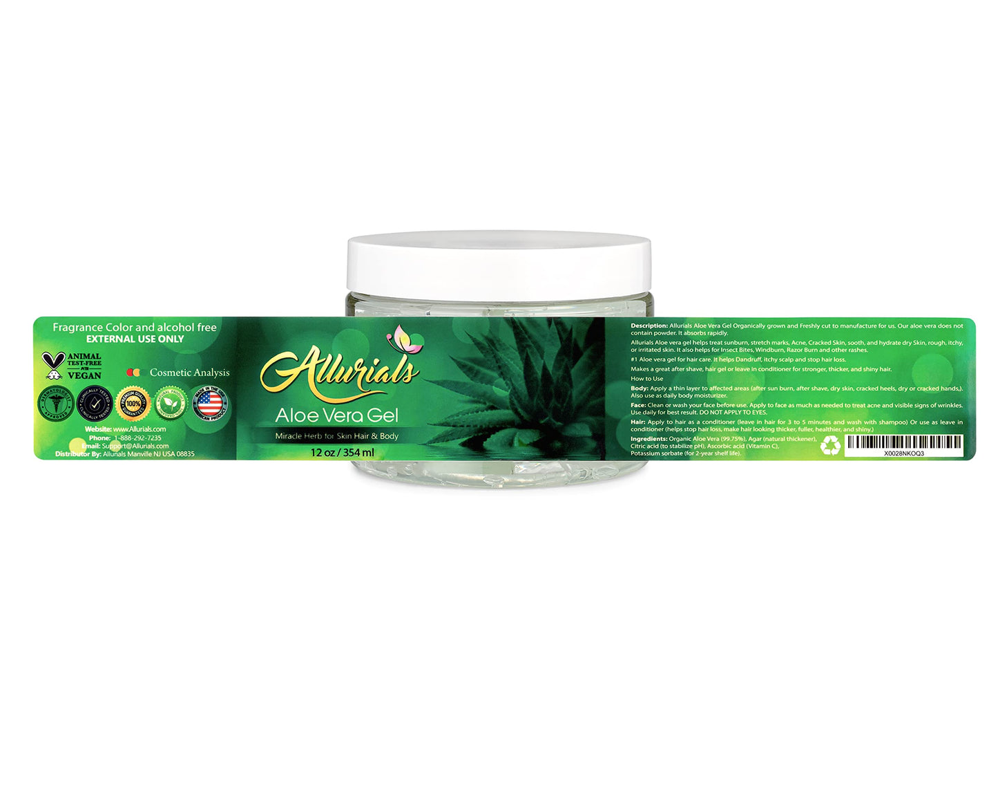 Allurials 99.75% Pure Organic Aloe Vera Gel, Made in USA, Clinically Tested, Dermatologist Approved, Hydrates & Heals Skin & Hair, 12oz