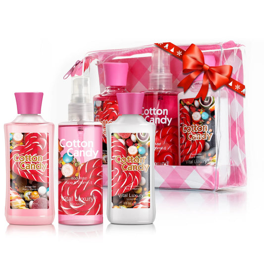 Vital Luxury Cotton Candy Bath & Body Travel Set – Lotion, Shower Gel & Fragrance Mist, Spa Gift for Women, Birthday, Mom & Valentine’s Day