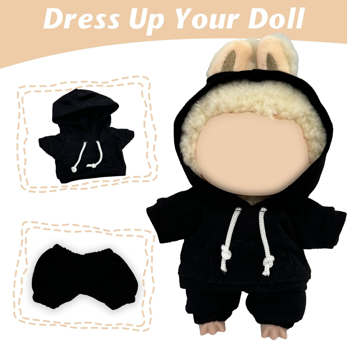 17cm Dolls Clothes Outfit Set for Doll - Casual Style Hoodies Clothing Set for Doll Dress Up, Black Set