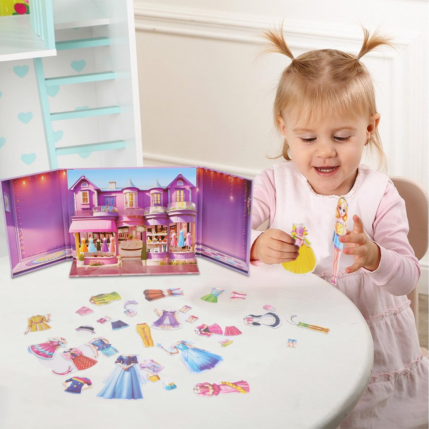 OSQI Magnetic Dress Up Dolls for Girls, 35-Piece Paper Doll Travel Playset with 3D Wardrobe Scene, Roleplay Game for Ages 4-7 (Amy)