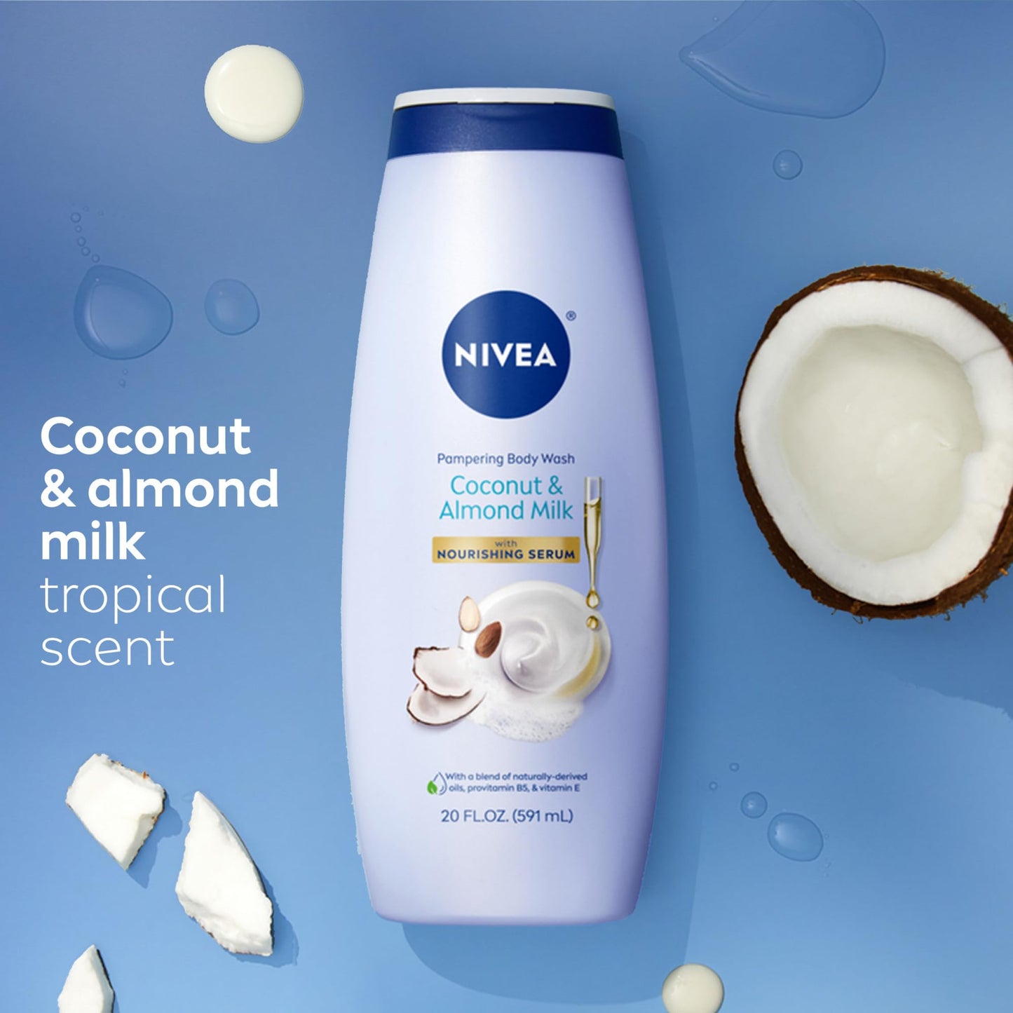 NIVEA Coconut & Almond Milk Body Wash with Nourishing Serum – Moisturizing Body Wash for Women, Enriched with Provitamin B5 & Vitamin E, 20 Fl Oz
