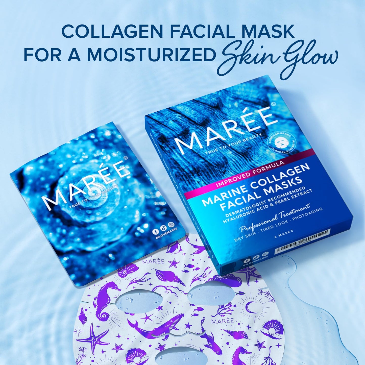 MAREE Collagen Hydrating Sheet Face Mask with Hyaluronic Acid, Centella & Algae Extract – 6 Pack Skincare for Women