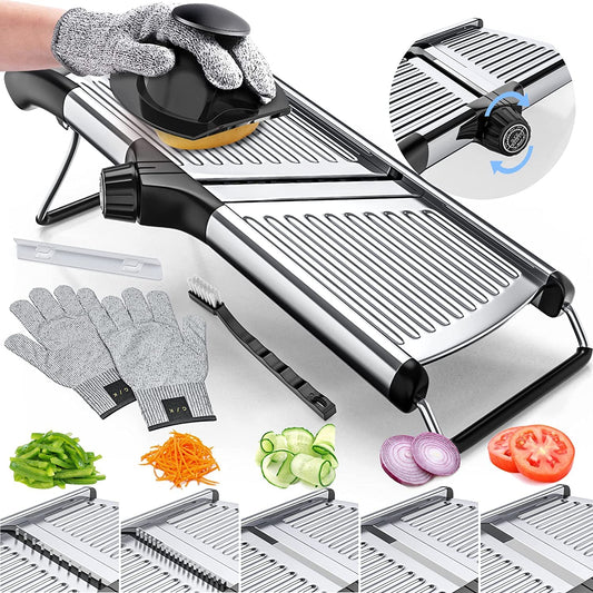 Gramercy Adjustable Mandoline Slicer – Stainless Steel Vegetable & Fruit Cutter with 1 Pair Cut-Resistant Gloves for Kitchen