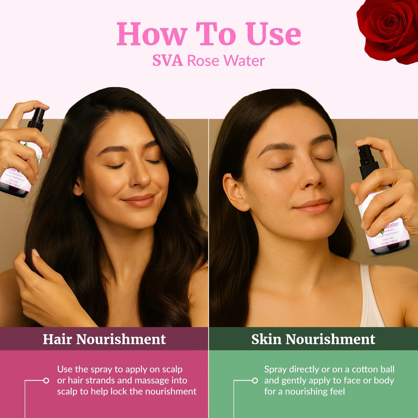 SVA ORGANICS Rose Water 4oz (118 ml) Refreshing Rose Water Spray for Skin Care, Skin Hydration, Bath, Soaps, Haircare & Aromatherapy