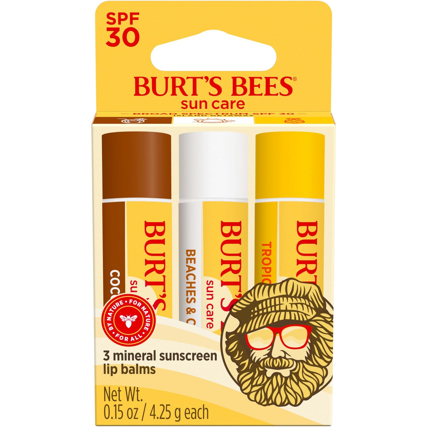 Burt’s Bees SPF 30 Lip Balm Trio, Island Getaway - Coco Loco, Beaches & Cream, Tropic Like It’s Hot, Water-Resistant, 0.15 oz Each